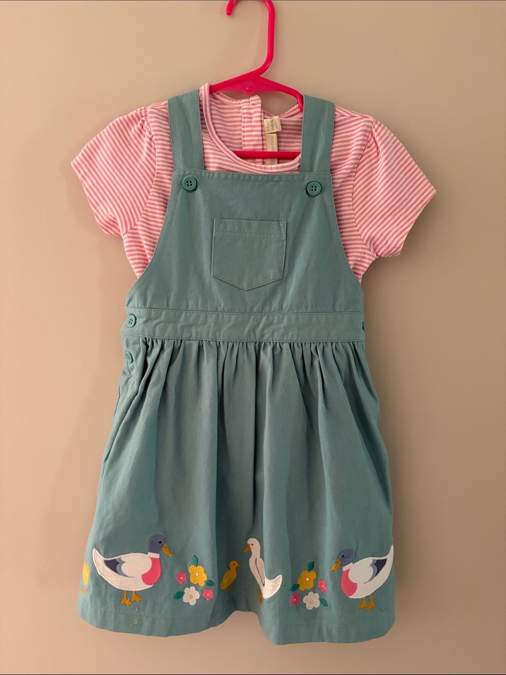 JoJo Maman Bebe Teal Overall Dress with Pink Stripe Tee